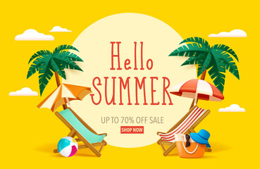 Hello summer! Summer beach vacation holiday theme with big sign. - obrazy, fototapety, plakaty