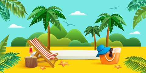 Summer holiday beach vacation theme podium with summer set beach elements.