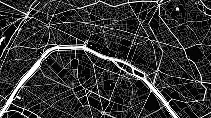 Black and white Paris city area vector background map, streets and water cartography illustration.