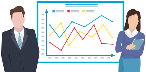 Financial accounting concept. Investment analysis presentation board with change economic marks. Businessman and woman analysts, board with financial tables, report with graphs, market analysis