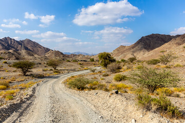 Copper Hike trail, winding gravel dirt road through Wadi Ghargur riverbed and rocky limestone Hajar...