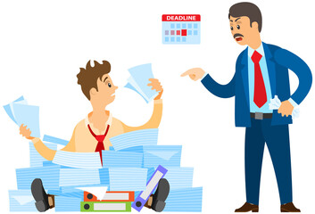 Missing deadline, bad time management. Work in high stress conditions and under hard boss pressure. Scene of tired, nervous, stressed people clutches head at work, many tasks. Deadline metaphors