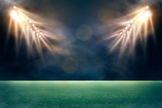 lights at night and stadium 3d render. Empty night grand soccer arena in the lights