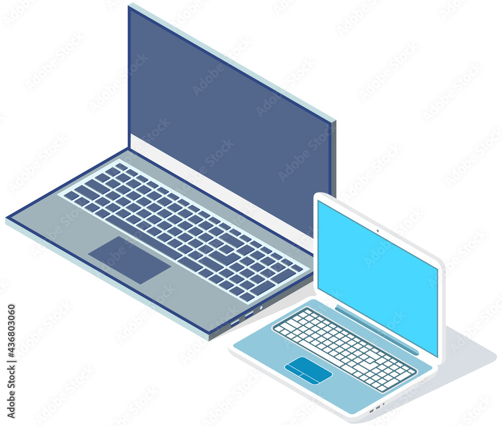 Poster two laptops isolated on white background. modern devices for working with data. foldable laptop, com