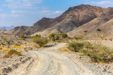 Copper Hike trail, winding gravel dirt road through Wadi Ghargur riverbed and rocky limestone Hajar Mountains in Hatta, United Arab Emirates.