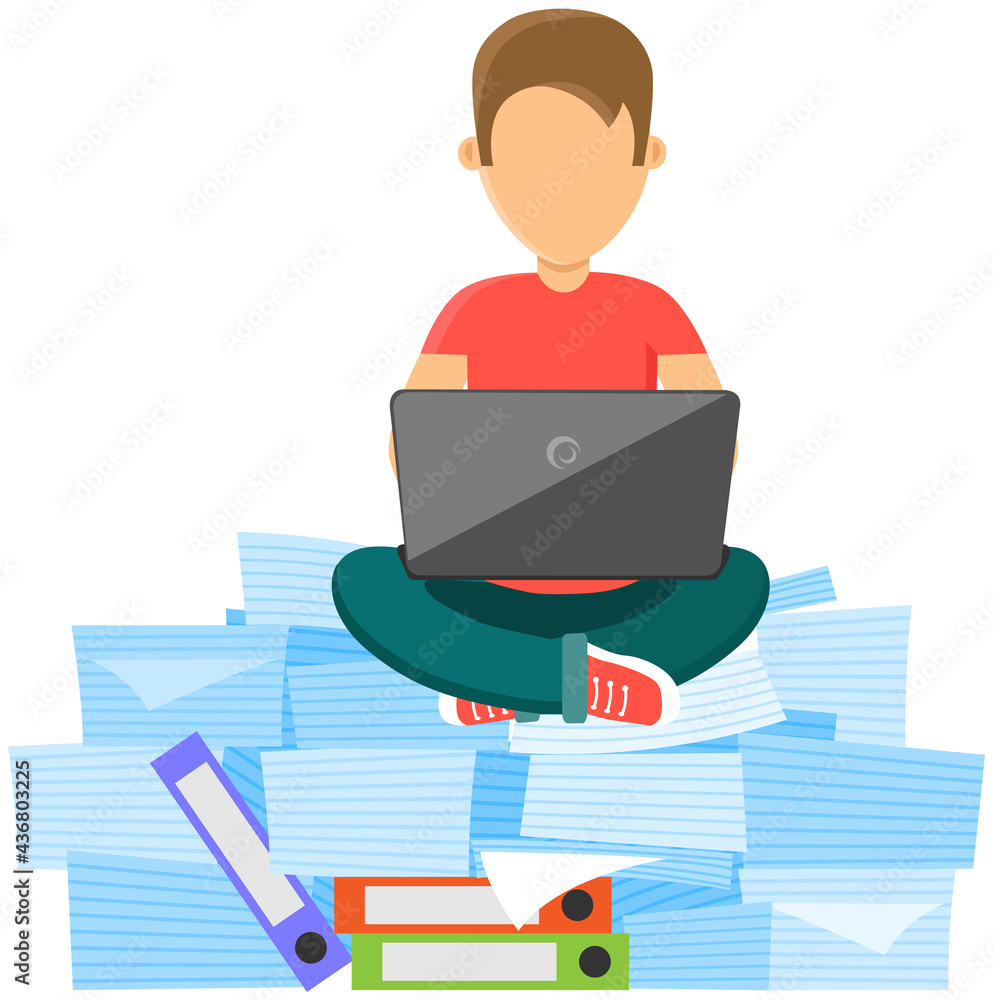 Poster man is doing large amount of paperwork. busy male employee sitting at stack of documents with laptop