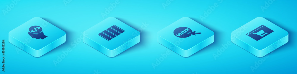 Poster set isometric front end development, color palette guide, online shopping screen and ui ux design ic