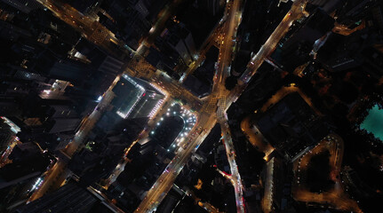 AERIAL. Top view of Hong Kong city at night time.