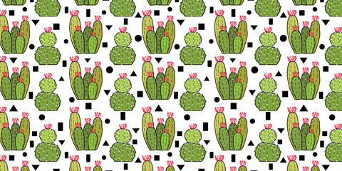 Cactus green plant with geomatric Vector Seamless Repeating Pattern. Great as a textile print, fabric, background, packaging or giftwrap, wallpaper, scrapbooking, bookcover. Surface pattern design.