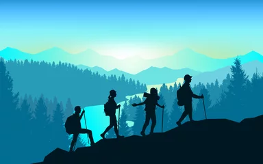Poster A team of friends climbs the mountains. Teamwork. Vector polygonal landscape illustration, Minimalist flat design. Travel concept of discovering, exploring, observing nature. Adventure tourism. Hiking © Yurii