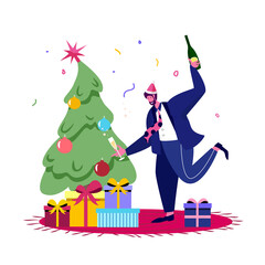 New Year Corporate Party. Happy Businessman Joyful Manager Wearing Santa Hat with Champagne Glass in Hand Celebrate Christmas Holiday in Office with Decorated Fir Tree Cartoon Flat Vector Illustration