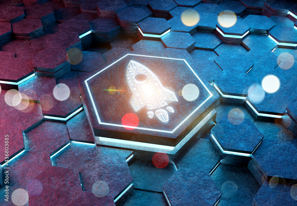 Aufkleber Spaceship icon innovation concept engraved on metal hexagonal pedestral background. Rocket startup logo glowing on abstract digital surface. 3d rendering