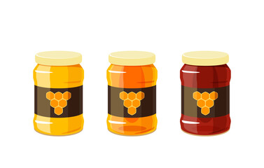 Glass honey jars, dark to light. Vector illustration cartoon flat icon isolated on white background.
