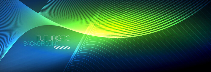 Abstract neon glowing light in the dark with waves. Shiny magic energy and motion concept, vector abstract wallpaper background