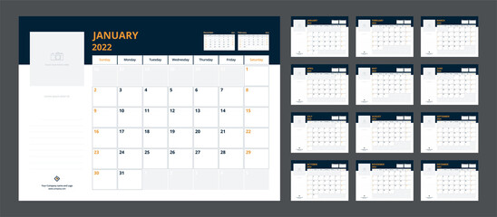 2022 calendar planner set for template corporate design week start on Sunday.