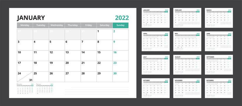 2022 calendar planner set for template corporate design week start on Monday.