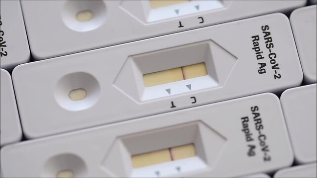Corona Rapid antigen test kit mosaic surface close-up pan video