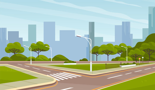 Landscape of urban city park. Modern cityscape of town center with crossroads. Crossing roads against background of tall buildings and skyscrapers. Roadway, cityscape and nature vector illustration