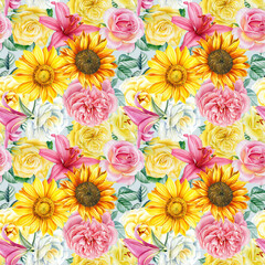 Fototapeta na wymiar Seamless pattern. Hand-drawn sunflowers, lilies and roses flowers. Watercolor illustration