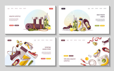Obraz na płótnie Canvas Set of web pages for healthy lifestyle, natural food, sport equipment, fitness, yoga, training, sportswear, sports shop, gym concept. Vector illustration for poster, banner, website, advertising.