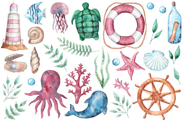 Watercolor hand-drawn set with sea and marine elements in green, bleu and red colors