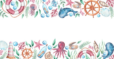 Watercolor hand-drawn frame with sea and marine elements in green, bleu and red colors