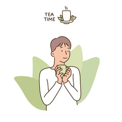 A man holds a teacup and has a relaxed expression. hand drawn style vector design illustrations. 