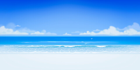 Vector beautiful realistic illustration of sandy summer beach. Summer holidays banner design template