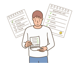 A man looking at a notebook with a to-do list. hand drawn style vector design illustrations. 