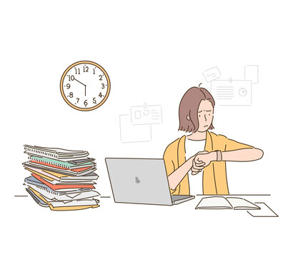 A business woman is looking at the clock, it is past the end of the work day, but the work is piled up at the desk. hand drawn style vector design illustrations. 