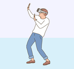A man is wearing VR glasses and making a surprised gesture.  hand drawn style vector design illustrations. 