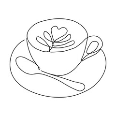 Continuous one line drawing with cup of coffee. Contemporary vector illustration on white background. Black line art on white background.
