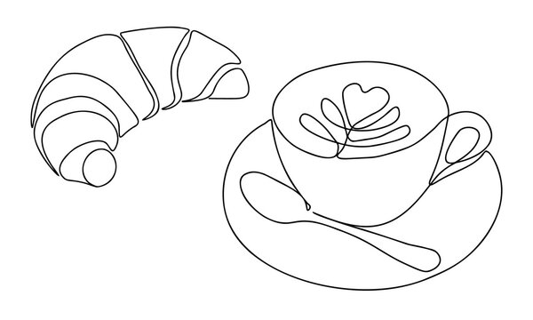 Continuous one line drawing with cup of coffee and croissant. Contemporary vector illustration on white background. Black line art on white background.