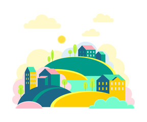Naklejka premium Urban Landscape or Cityscape with Houses, Hills and Trees Vector Illustration