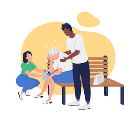 Heat stroke in elderly 2D vector isolated illustration. Older adult suffering from overheating and dizziness flat characters on cartoon background. Providing first aid for sunstroke colourful scene