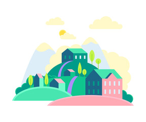Urban Landscape or Cityscape with Houses, Hills and Trees Vector Illustration