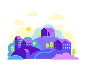 Cityscape or Urban Landscape with Scattered Houses and Hills with Trees Vector Illustration