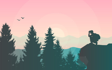 A guy squats on top of a mountain and looks through binoculars. Vector illustration. Travel concept of discovering, exploring and observing nature. Hiking. Adventure tourism. Polygonal flat design.