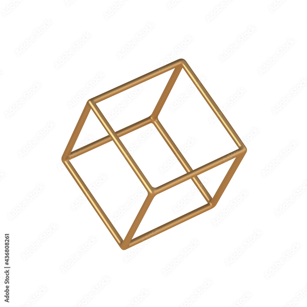 Poster golden linear 3d cube vector template. geometric design piece with graphic perspective for creative 