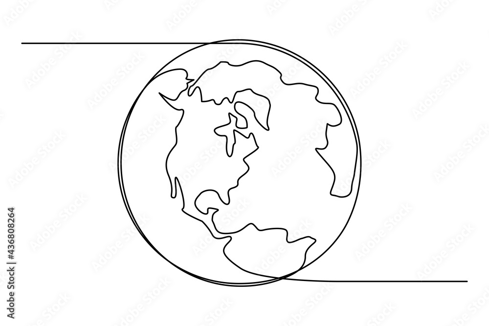Poster earth globe in one continuous line drawing. vector round world map in simple doodle style. infograph