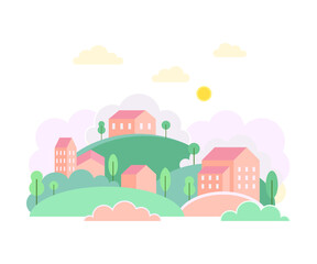 Green Hills with Local Houses as Cozy Cityscape or Urban Landscape Vector Illustration