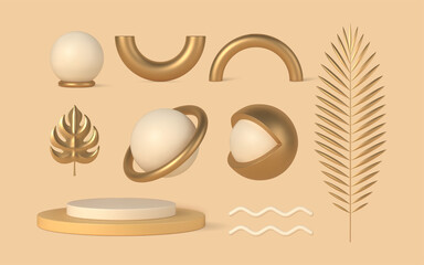 Gold jewelry for 3d interior design vector template set.