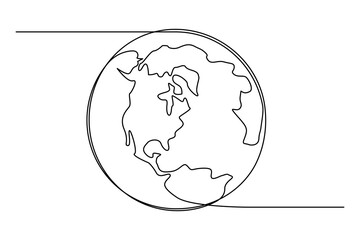 Earth globe in one continuous line drawing. Vector Round World map in simple doodle style. Infographic geography isolated on white background. Editable stroke