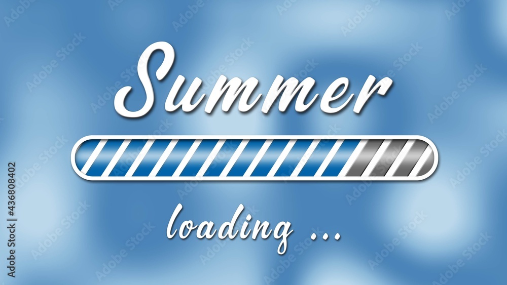 Poster loading summer greeting card - white lettering and loading bar on light blue background with stylize