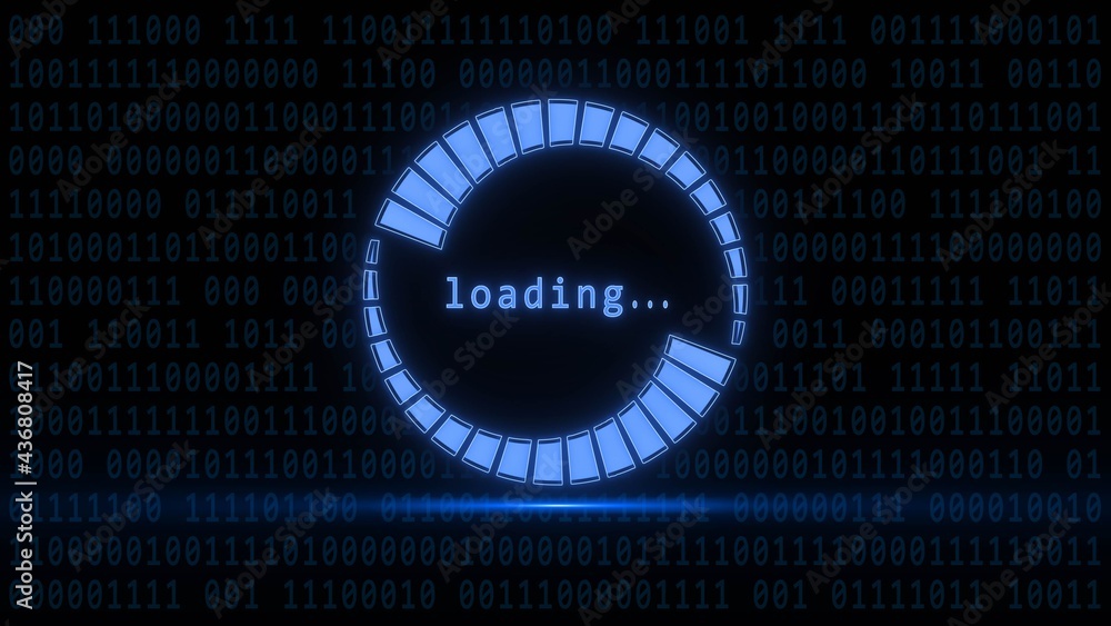 Poster loading symbol in blue light on binary code background - abstract digital business concept - 3d illu