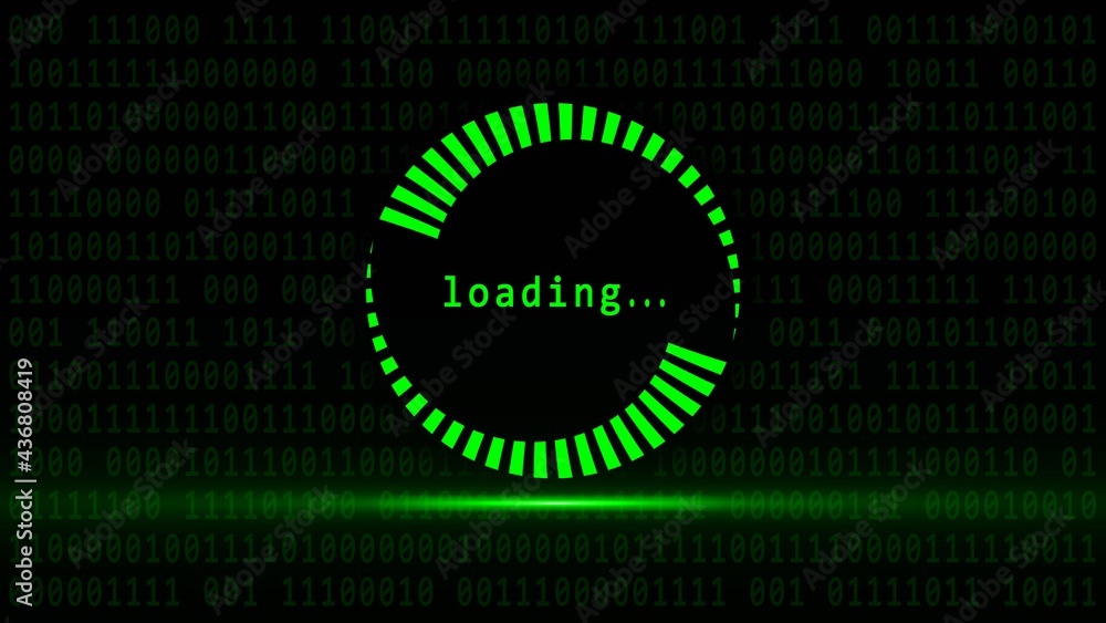 Poster loading symbol in green light on binary code background - abstract digital business concept - 3d ill