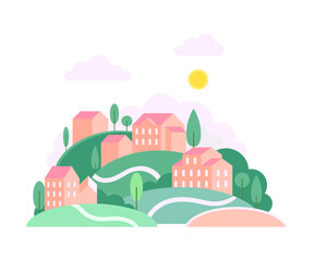 Green Hills with Local Houses as Cozy Cityscape or Urban Landscape Vector Illustration