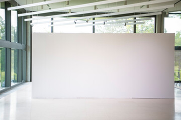 Modern gallery interior with blank white empty canvas. Contemporary, open space, city view and...