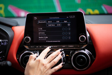 Touching interaction car dashboard screen, car interior, controlling smart car setting, wireless communication technology, searching finding location destination and artificial intelligence car sensor