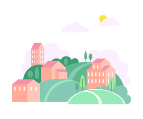 Naklejka premium Green Hills with Local Houses as Cozy Cityscape or Urban Landscape Vector Illustration